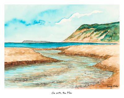 8x10 watercolor print of Sleeping Bear Dunes featuring a winding stream flowing through sandy dunes toward Lake Michigan by a