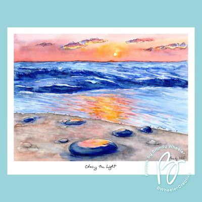 8x10 watercolor print featuring a Lake Michigan sunset with blue waves, shoreline stones, and reflections of orange and pink 