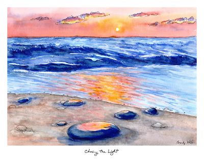 8x10 watercolor print featuring a Lake Michigan sunset with blue waves, shoreline stones, and reflections of orange and pink 