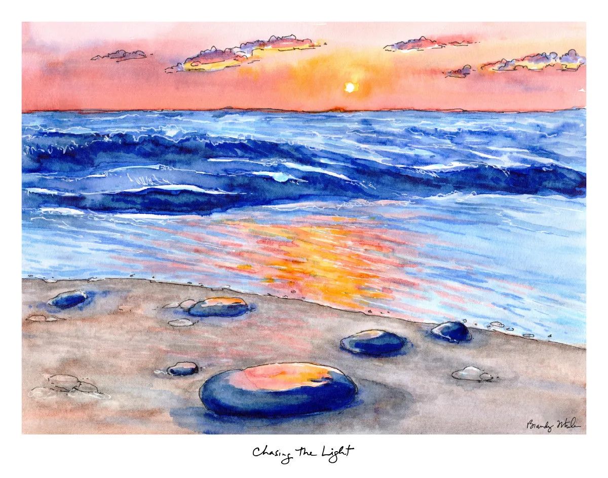 11x14 watercolor print featuring a Lake Michigan sunset with blue waves, shoreline stones, and reflections of orange and pink