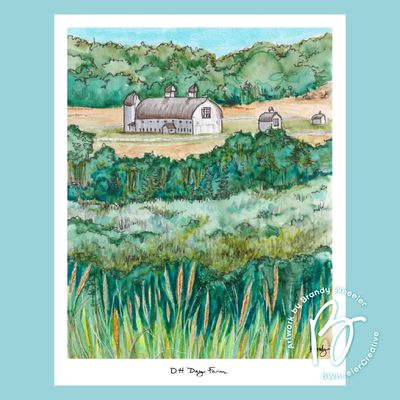 8x10 watercolor print of the historic D.H. Day Farm in Glen Arbor, Michigan featuring the iconic white dairy barn surrounded 