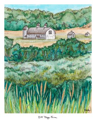 8x10 watercolor print of the historic D.H. Day Farm in Glen Arbor, Michigan featuring the iconic white dairy barn surrounded 