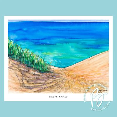 8x10 watercolor print of the Dune Climb at Sleeping Bear Dunes featuring golden sand dunes, beach grass, and turquoise Lake M