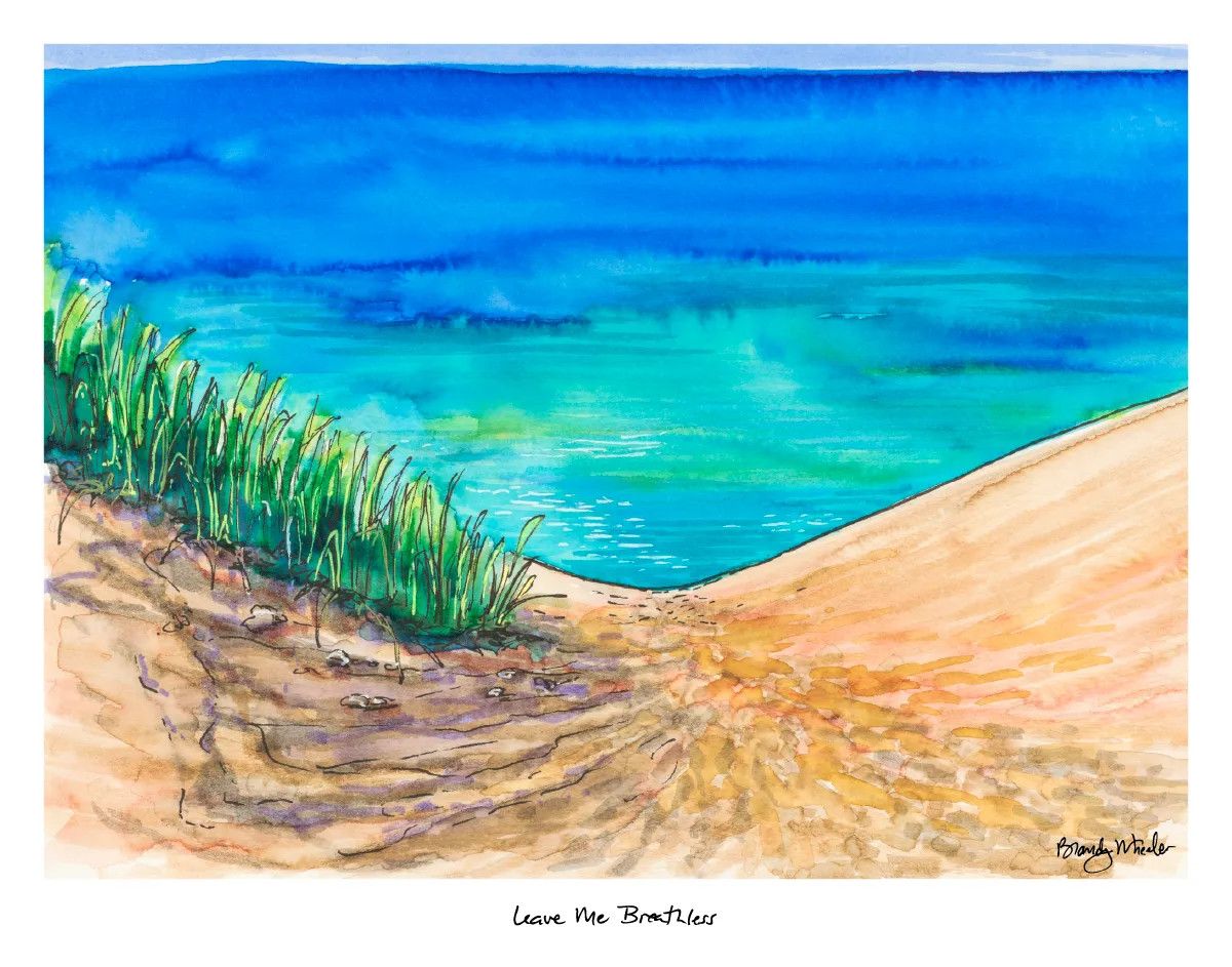 8x10 watercolor print of the Dune Climb at Sleeping Bear Dunes featuring golden sand dunes, beach grass, and turquoise Lake M
