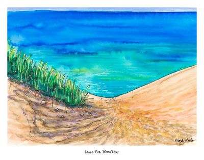 8x10 watercolor print of the Dune Climb at Sleeping Bear Dunes featuring golden sand dunes, beach grass, and turquoise Lake M