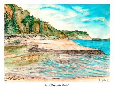 11x14 watercolor print of North Bar Lake Outlet in Sleeping Bear Dunes featuring sandy shoreline, clear water, and forested b