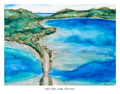 8x10 watercolor print of the Glen Lake Narrows along M22 featuring the roadway crossing between Big Glen Lake and Little Glen