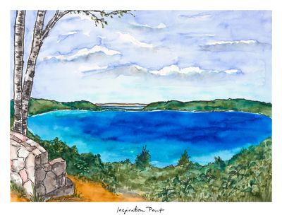 11x14 watercolor print of Inspiration Point overlooking Glen Lake with views toward Sleeping Bear Dunes by artist Brandy Whee