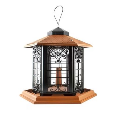 gazebo hanging bird feeder with terracotta roof, ornate black panels, clear seed reservoir and large feeding tray