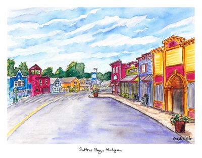 11x14 watercolor print of downtown Suttons Bay, Michigan featuring colorful storefronts and a bright blue sky by artist Brand