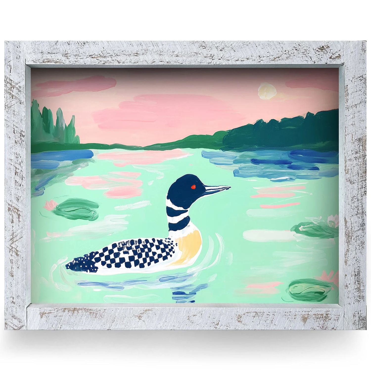 A 12x8 real wood framed paper art print featuring a charming, whimsical illustration of a loon