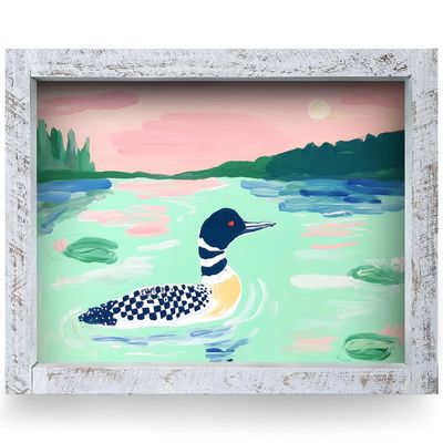 A 12x8 real wood framed paper art print featuring a charming, whimsical illustration of a loon