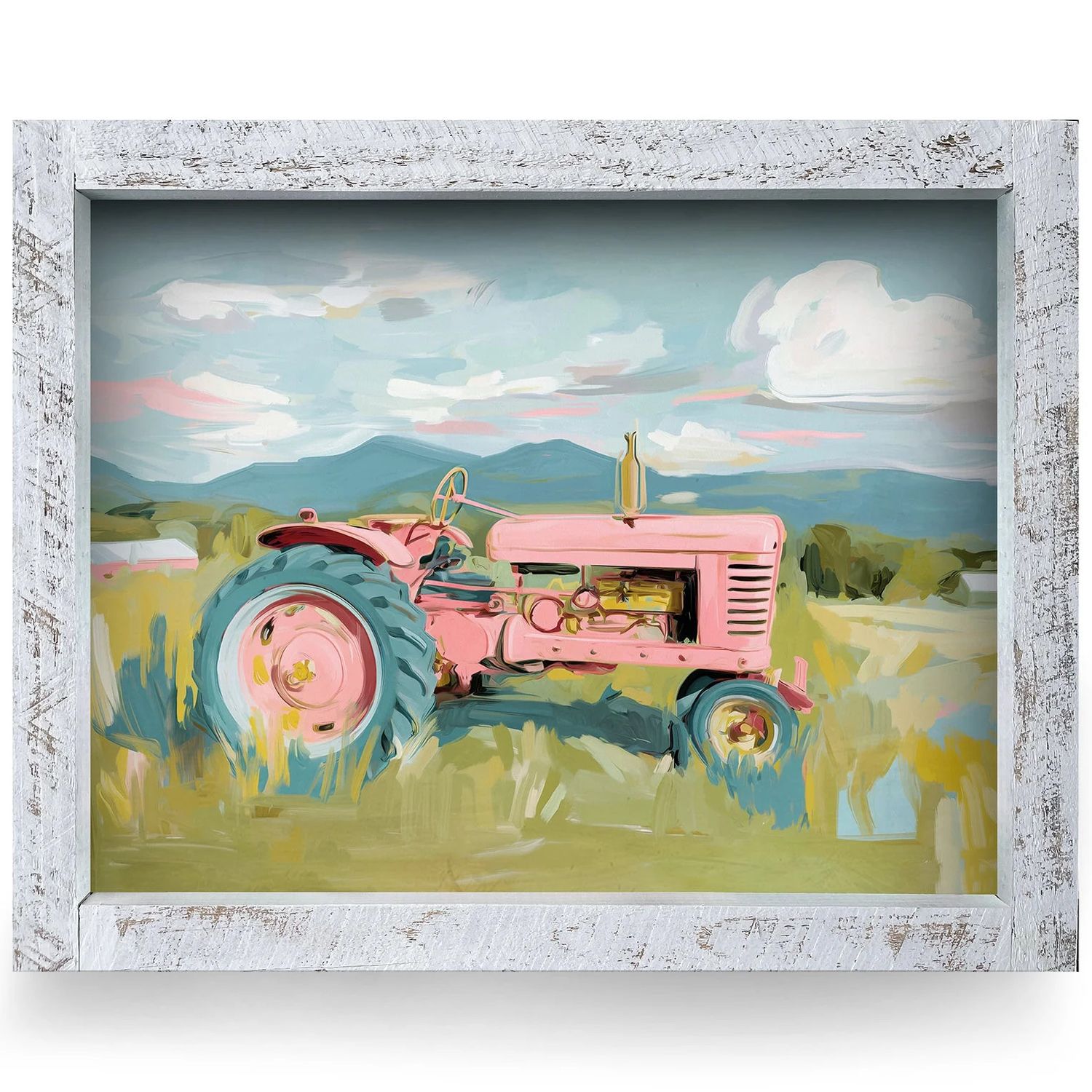 An 8x12 real wood framed paper art print depicting a vintage bright pink farm tractor