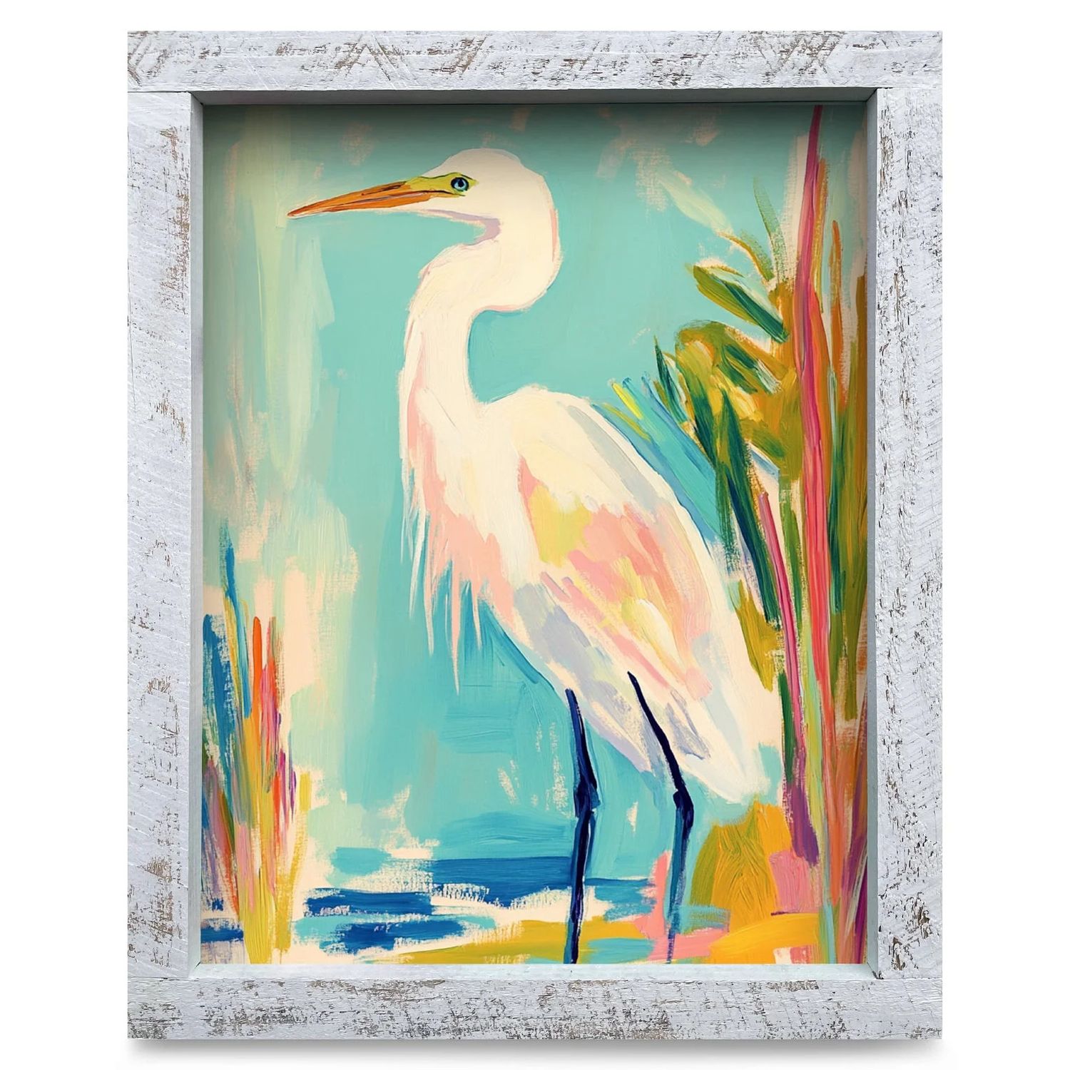 wood framed print featuring a colorful pastel-style illustration of a graceful egret standing along the water's edge