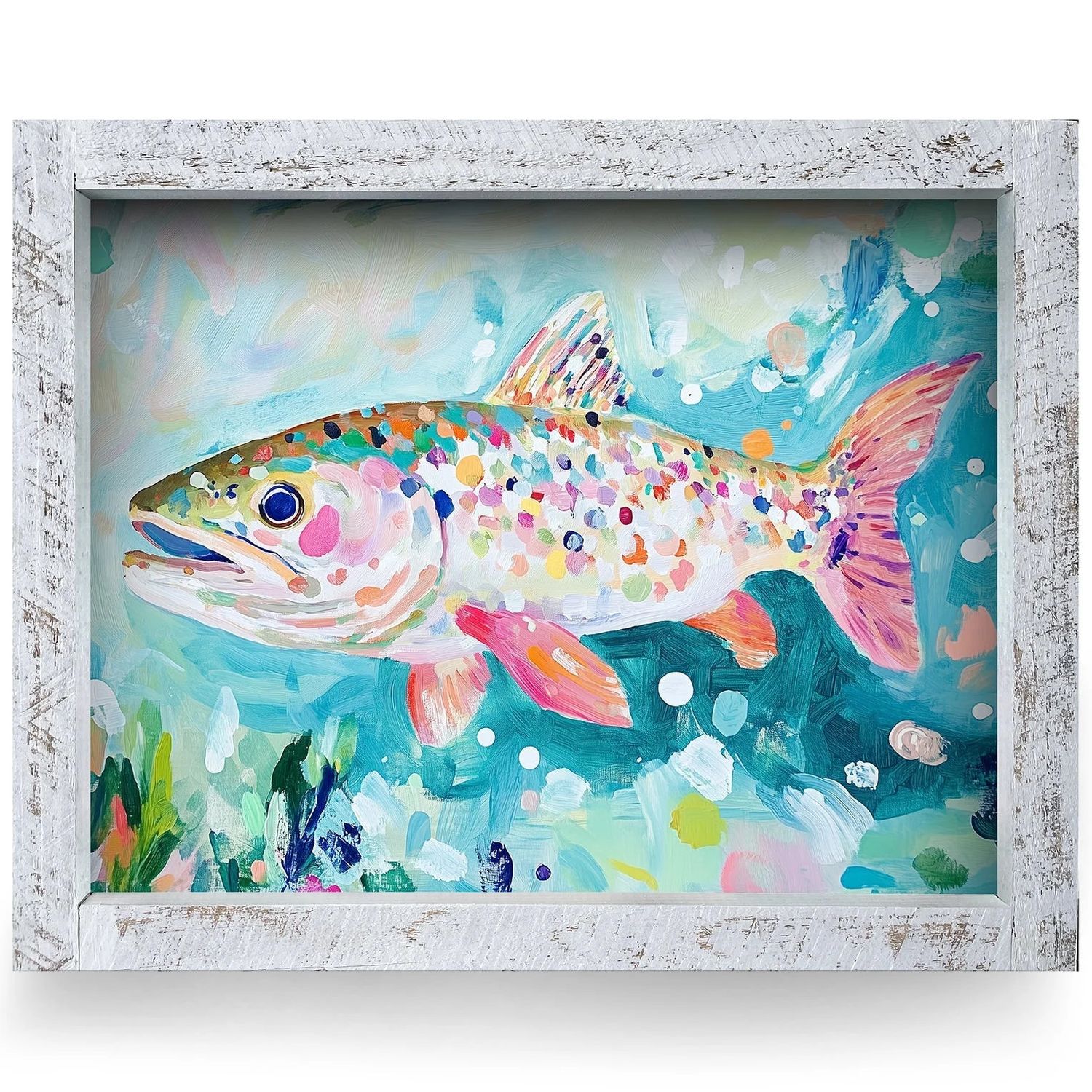 12x8 art print of a colorful trout enclosed in a rustic white wooden frame.