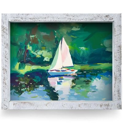 A 12x8 real wood framed paper art print depicting a vibrant sailboat gliding across calm emerald green lake