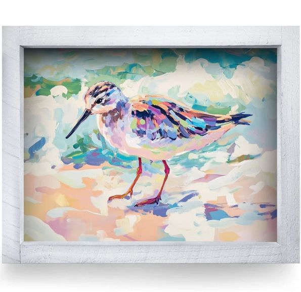12x8 art print of a colorful sandpiper bird along the shore, set in a white wooden frame