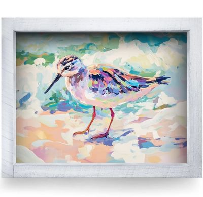 12x8 art print of a colorful sandpiper bird along the shore, set in a white wooden frame