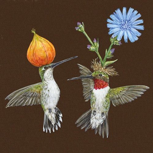 paper beverage napkins featuring a charming botanical illustration of colorful garden flowers and whimsical figures