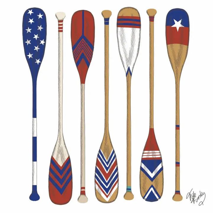 Pack of paper beverage napkins featuring colorful illustrations of decorative outrunner paddle oars lined up in a row