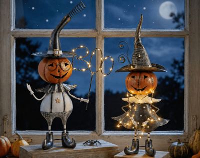 Pumpkin Boy Holding a Boo Stick Statue - Battery Powered (14"x5"x25")