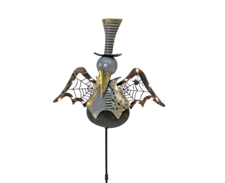 Colorful Metal Halloween Stake Crow w/ LED Light Wings