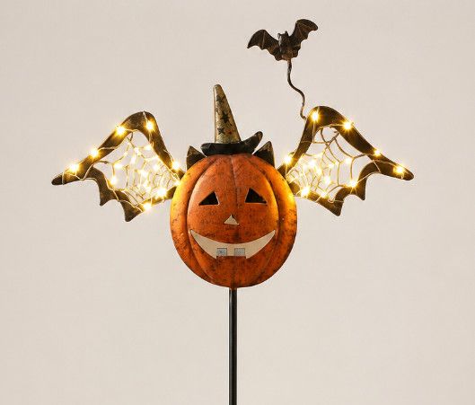 Colorful Metal Halloween Stake Pumpkin Head w/ LED Light Wings