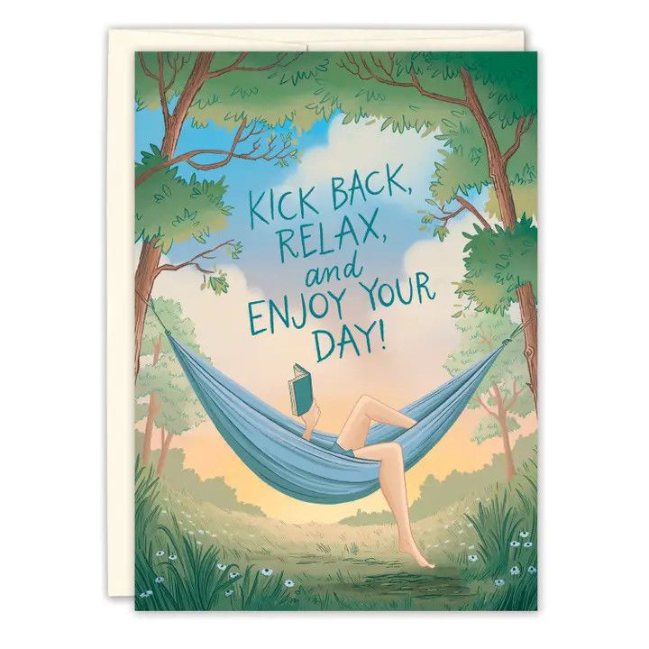 Whimsical A6 birthday greeting card featuring a colorful illustration of a person reading in a hammock 