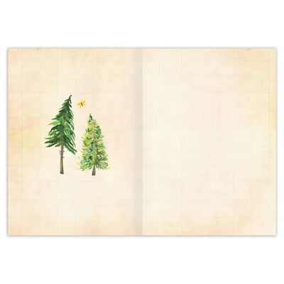 Aged paper card inside featuring two trees leaning towards each other with a star in the middle