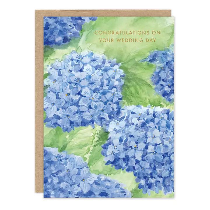 Elegant A6 wedding greeting card featuring a gold foil illustrated hydrangea design by Sarah Forster