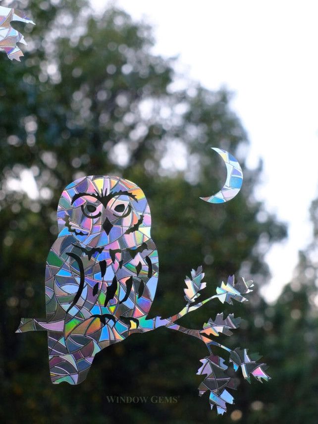A set of prismatic window cling decals featuring a Saw-Whet owl perched on a leafy branch under a crescent moon