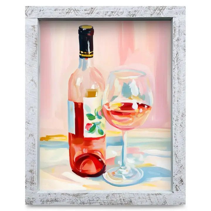 8x12 art print featuring a still life wine bottle and glass in a real wood frame.
