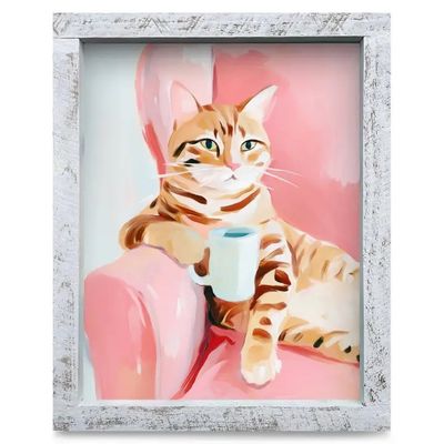 8x12 art print of a cute cat perching comfortably, enclosed in a natural real wood frame.