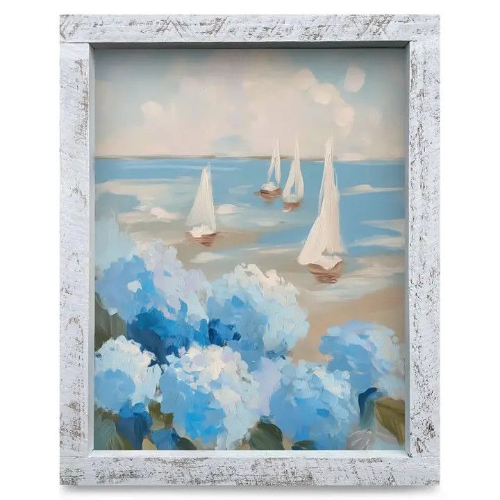 An 8x12 real wood framed paper art print depicting impressionistic sailboats