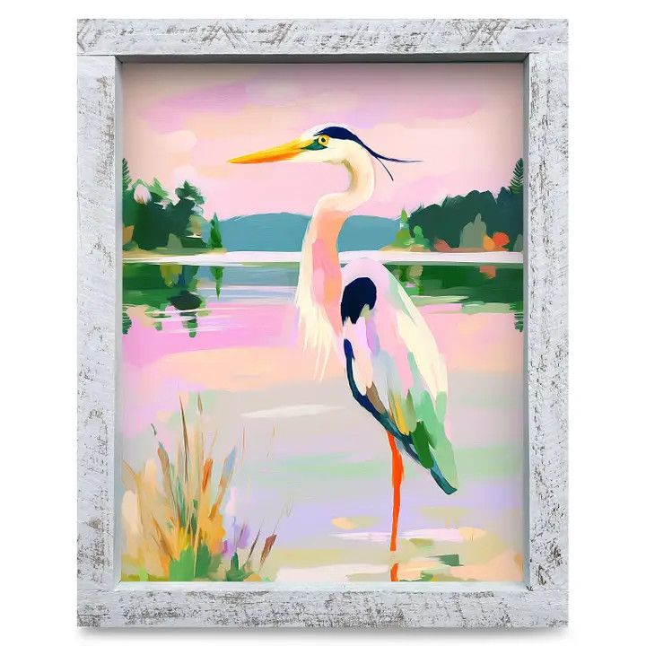 art print featuring a serene watercolor illustration of a blue heron standing amongst calm waters