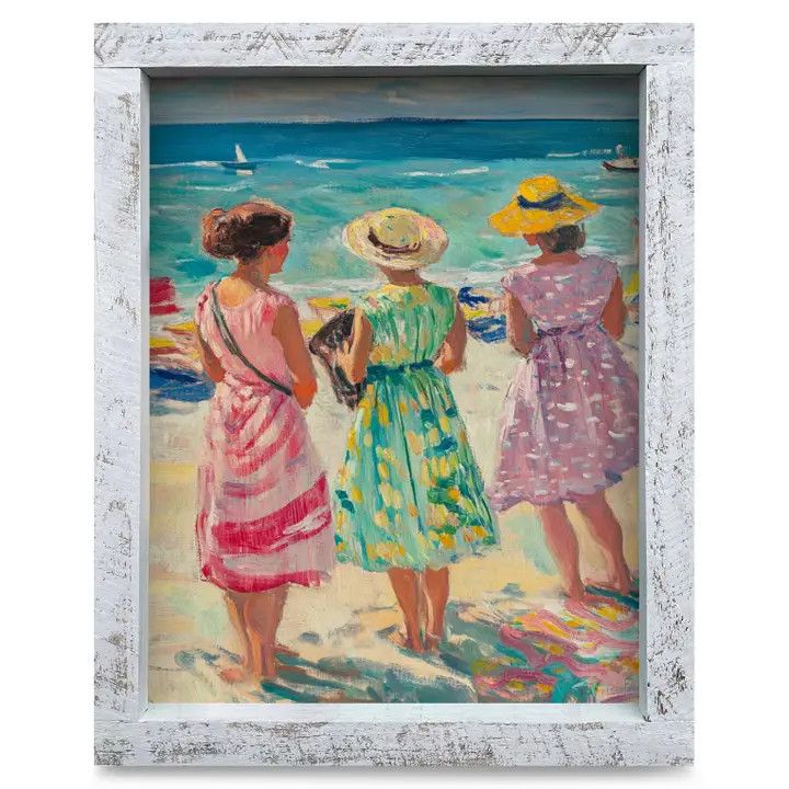 An 8x12 real wood framed paper art print depicting three colorful women relaxing on a sandy beach