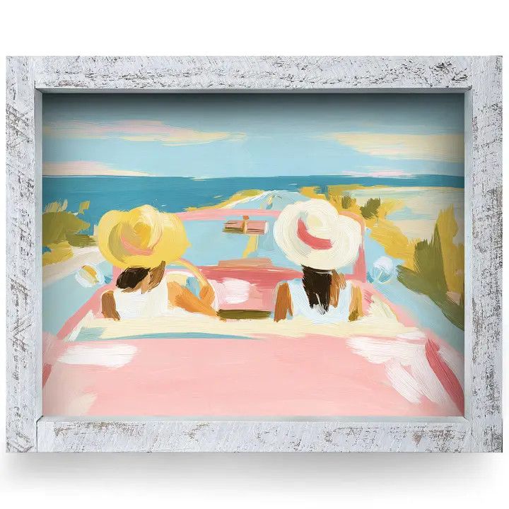 8x12 art print of a vintage car on a scenic coastal beach road trip, enclosed in a real wood frame.