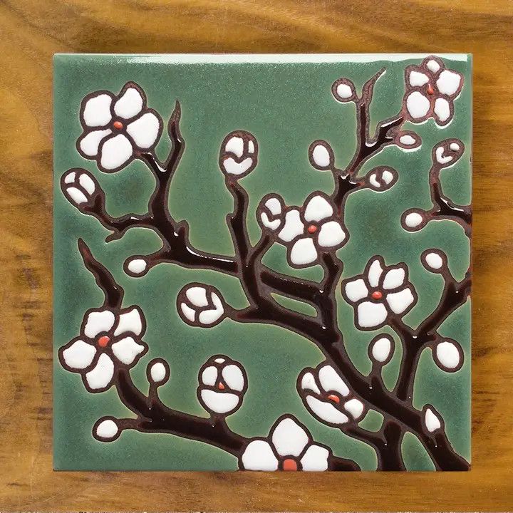 6X6 TILE - CHERRY BLOSSOMS - JADE