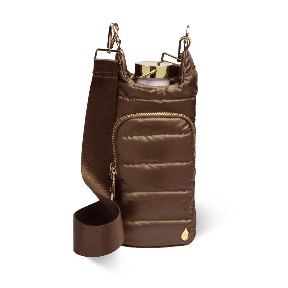 Shiny chocolate brown hydrobag water bottle holder with a solid matching brown crossbody strap.