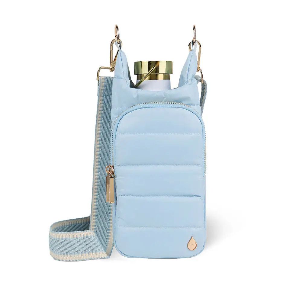 Cornflower blue quilted hydrobag water bottle crossbody holder with a matching twill strap.