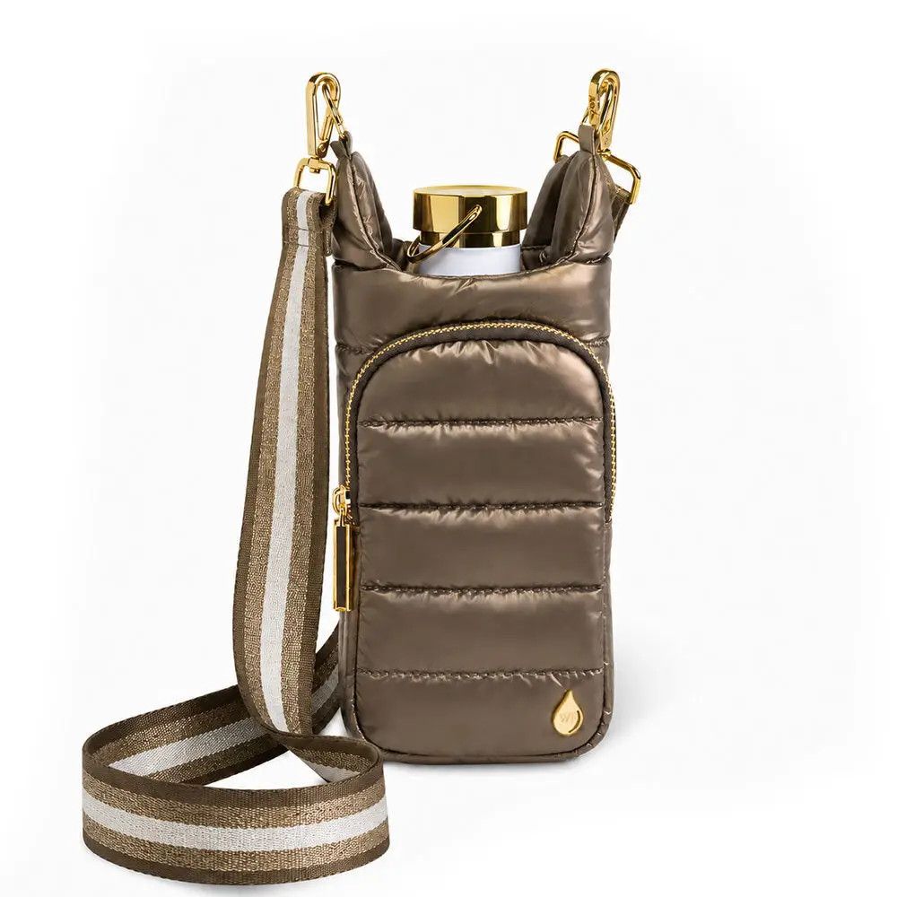 Bronze shiny hydrobag water bottle holder with a matching striped crossbody strap.