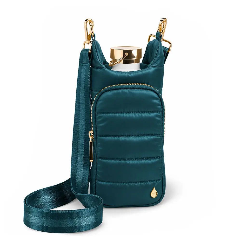 Peacock teal lustre hydrobag water bottle holder with a matching striped crossbody strap.