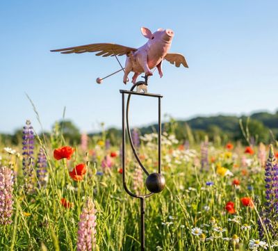 Pink rustic metal flying pig kinetic garden stake with flapping wings and weighted balancing mechanism in a field of flowers.