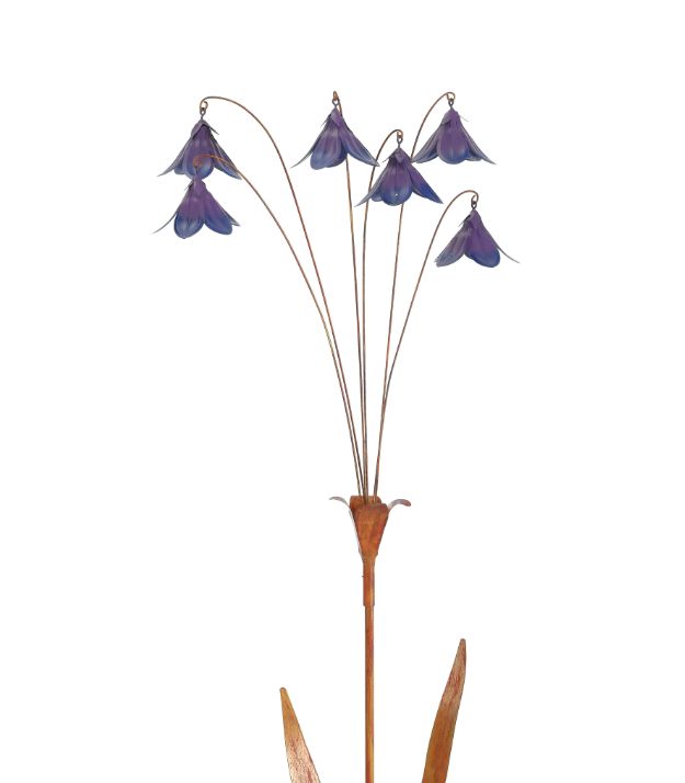 Rustic metal flower garden stake with dangling lilac purple bell-shaped flowers on tall curved stems.