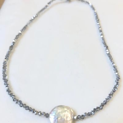763-Crystal and Coin Pearl Necklace - Silver
