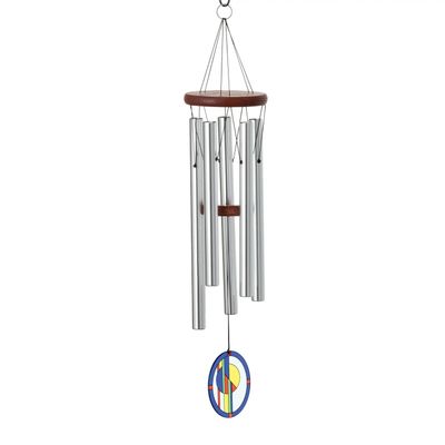 Woodstock Art Deco Bauhaus wind chime with silver tubes, wood accents and colorful geometric stained-glass-effect wind catche