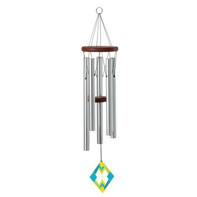Woodstock Art Deco Vienna wind chime with silver tubes, wood accents and colorful blue, yellow and green geometric wind catch