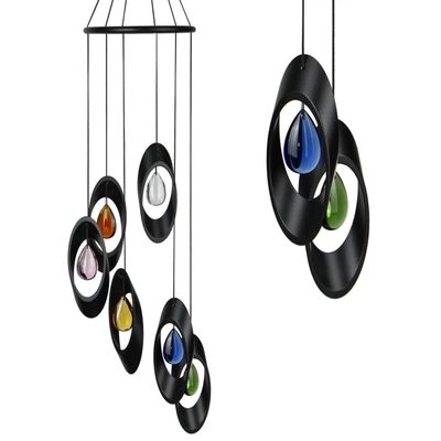 Bellissimo Bells Spiral with 6 black aluminum rings &amp; colorful teardrop glass accents suspended in a cascading modern design