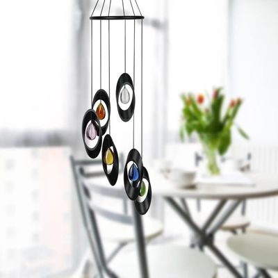 Bellissimo Bells Spiral with 6 black aluminum rings &amp; colorful teardrop glass accents suspended in a cascading modern design