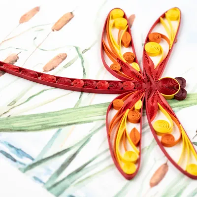 QUILLED GREETING CARD RED DRAGONFLY &amp; CATTAILS